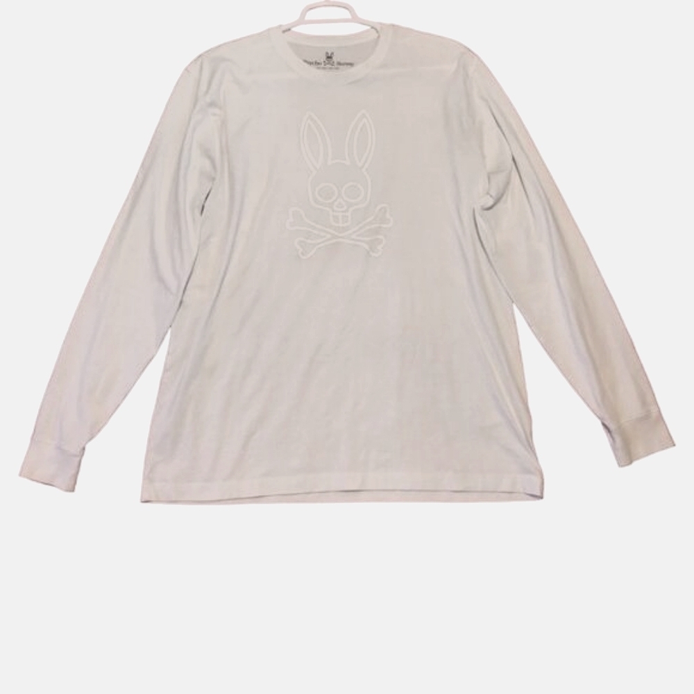 Psycho Bunny Men's Pima Cotton Long Sleeve Logo T-Shirt Size 9 White Crew Neck